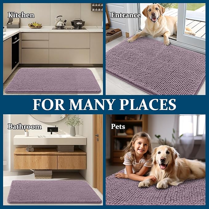 OLANLY Dog Door Mat for Muddy Paws 44x32, Absorbs Moisture and Dirt, Absorbent Non-Slip Washable Doormat, Quick Dry Chenille Mud Mat for Dogs, Entry Indoor Entryway Carpet for Inside Floor, Deep Plum