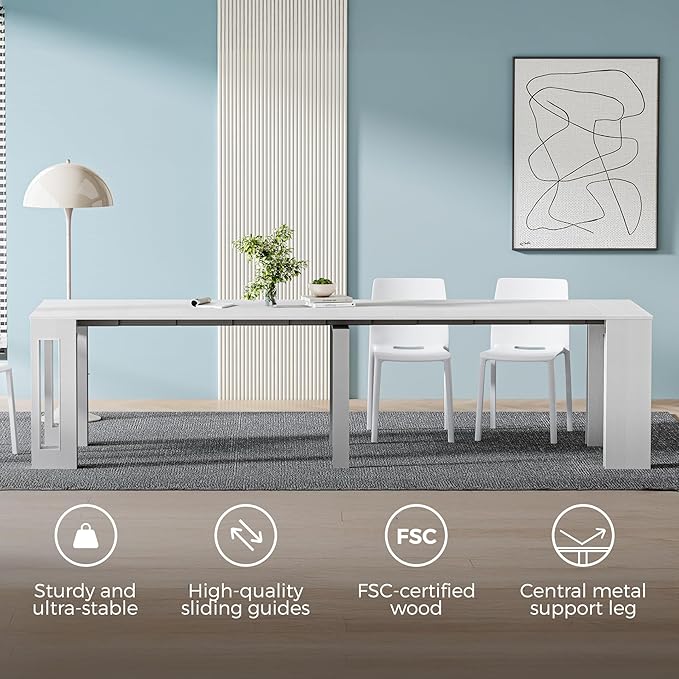 Mobili Fiver, Easy, Extendable Console Table with Extension Leaves Holder, 17.7(120.1) x35.4 in, Ashwood White, for 4-12 People, Space Saving Dining Table for Living Room, Italian Furniture