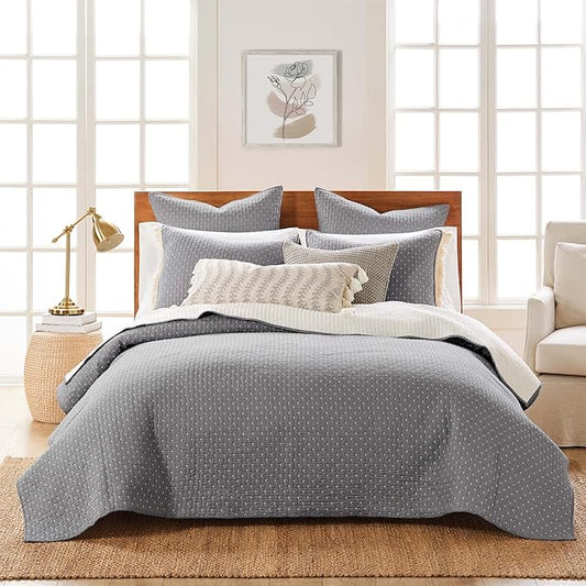 Levtex Home Cross Stitch Reversible Twin XL/Twin Quilt Set (68x86in) with 1 Pillow Sham (26x20in) - Stitch Texture - Grey and White - Cotton Twin Size Quilt Bedding Set - Lightweight Soft Pre-Washed