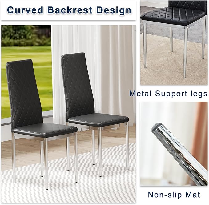 JT Modern Minimalist Dining Chair Fireproof Leather Sprayed Metal Pipe Diamond Grid Pattern Restaurant Home Conference Chair Set of 4 Or 6 (8, Black)