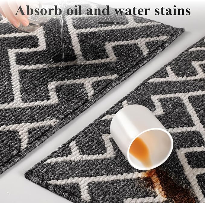 hicorfe Kitchen Rugs and Mats Sets,Super Absorbent Polypropylene Non-Slip Rug,Soft Comfort Floor Mat,Washable for Kitchen,Hallway,Office,Sink,Laundry(24" x 35",Black)