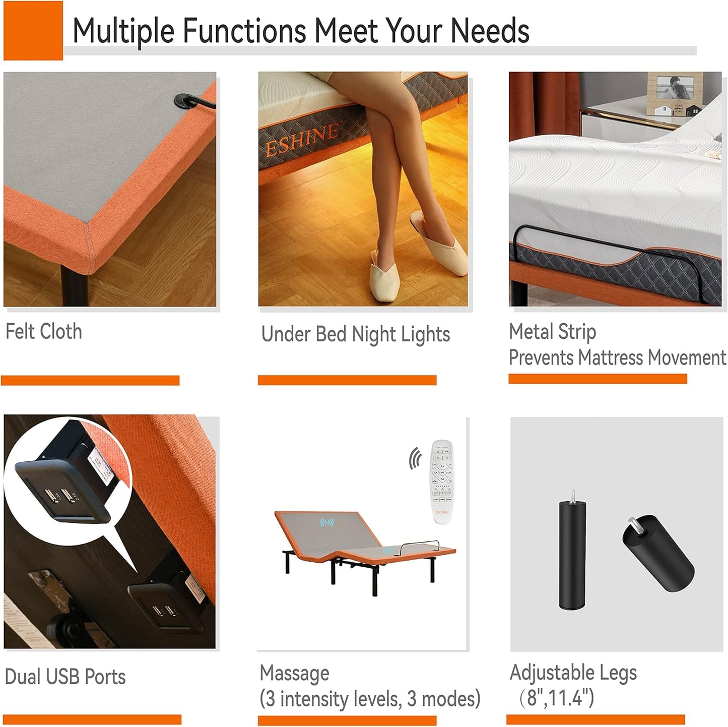 King Adjustable Bed Frame Base - Easy to Install in 5 Minutes, Massage, Wireless Remote, Foot&Head Inclined, Zero Gravity, Dual USB Ports, Under Bed Light, 3000 Premium Series