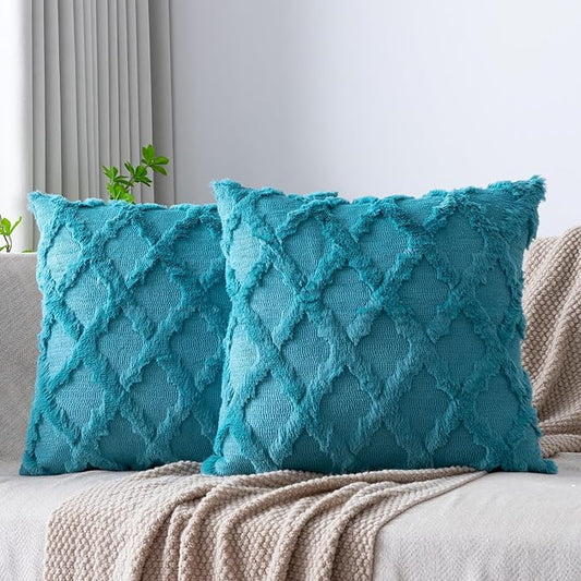 Set of 2 Soft Moroccan Throw Pillow Covers 22x22 Inch Plush Boho Decorative Pillow Cover Accent Cushion Case for Couch Sofa Bed, Teal