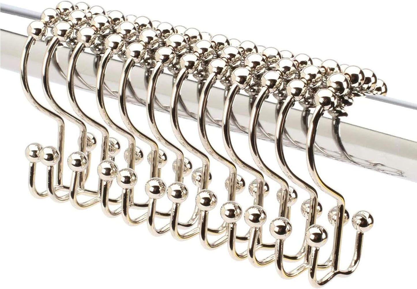 2LB Depot Double Shower Curtain Hooks Rings Polished Nickel Decor Finish Premium Rust-Resistant Stainless Steel Metal Hooks Roller Balls Glide on Shower Rods 12-Piece Set