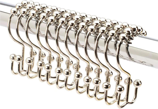 2LB Depot Double Shower Curtain Hooks Rings Polished Nickel Decor Finish Premium Rust-Resistant Stainless Steel Metal Hooks Roller Balls Glide on Shower Rods 12-Piece Set