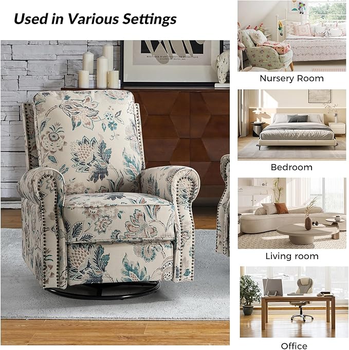 HULALA Home Rocker Recliner Set of 2, Modern Printed Fabric Swivel Glider with Adjustable Backrest & Footrest, Teal