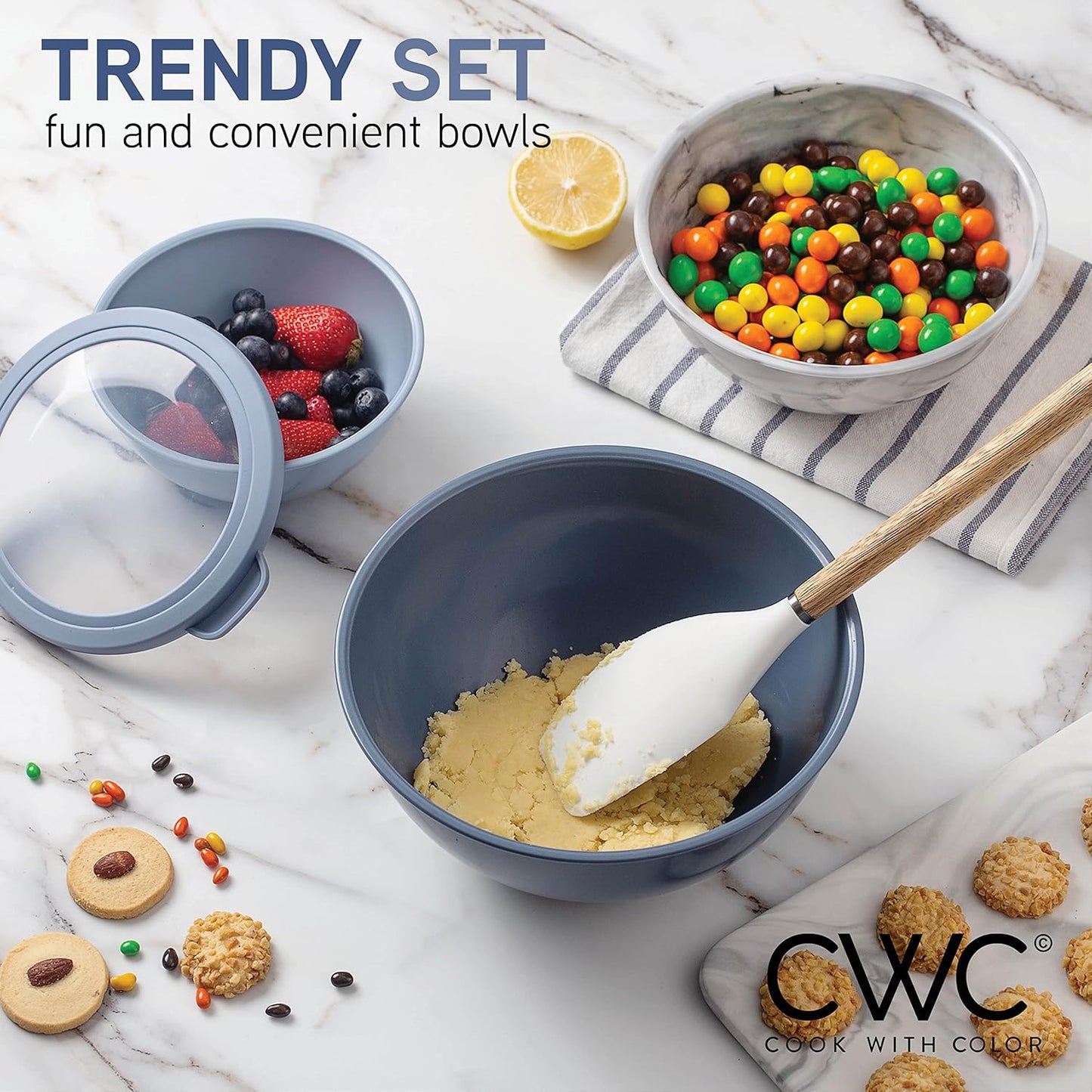 COOK WITH COLOR Mixing Bowls with TPR Lids - 12 Piece Plastic Nesting Bowls Set includes 6 Prep Bowls and 6 Lids, Microwave Safe Mixing Bowl Set (Blue and White)