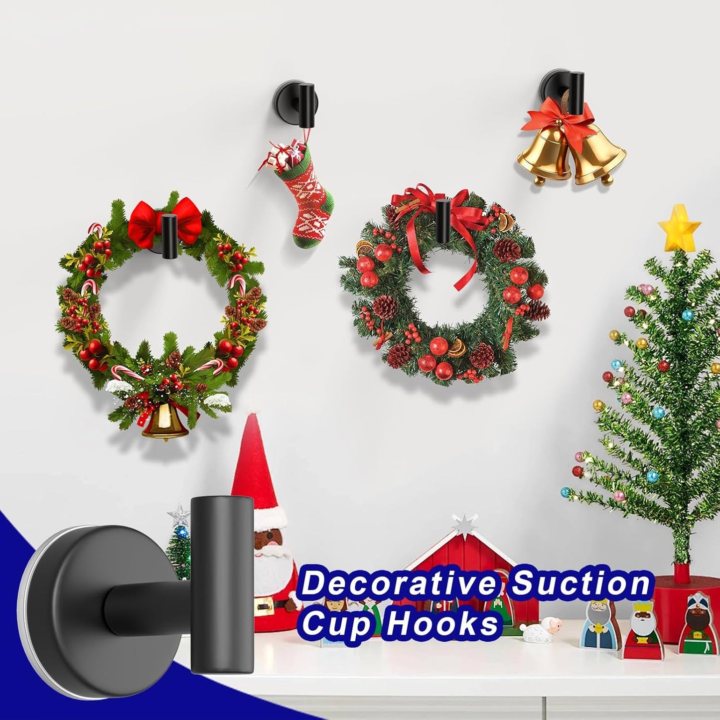 Suction Cup Hooks for Shower, Stainless Steel Towel Hooks for Bathroom Wall, Glass Door, Kitchen, Mirror, Tile, Shower Hooks for Hanging Towels, Robes, Bath Balls (2 Pack，Black)