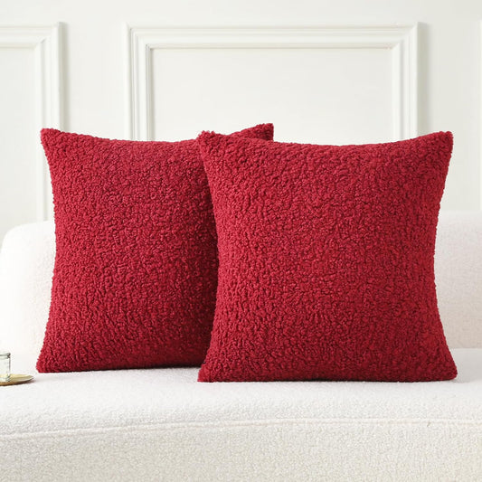 FUTEI Maroon Throw Pillow Covers 16x16 Inch Set of 2,Furry Faux Fur Teddy Boucle Textured Cushion Covers,Soft Fluffy Decorative Pillow Case,Home Decor for Couch Bed Living Room Office Car