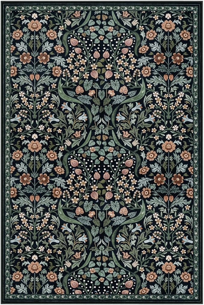 Lahome Floral Bedroom Rugs, 6x9 Black Area Rugs for Living Room, Boho Thin Stain Resistant Carpet for Dining Room, Washable Area Rug Non Slip for Guestroom