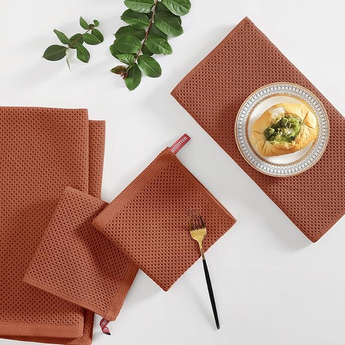 Homaxy 100% Cotton Kitchen Towels and Dishcloths Set, 12 x 12 Inches and 13 x 28 Inches, Set of 8 Bulk Kitchen Towels Set, Ultra Soft Absorbent Dish Cloths for Washing Dishes, Rust