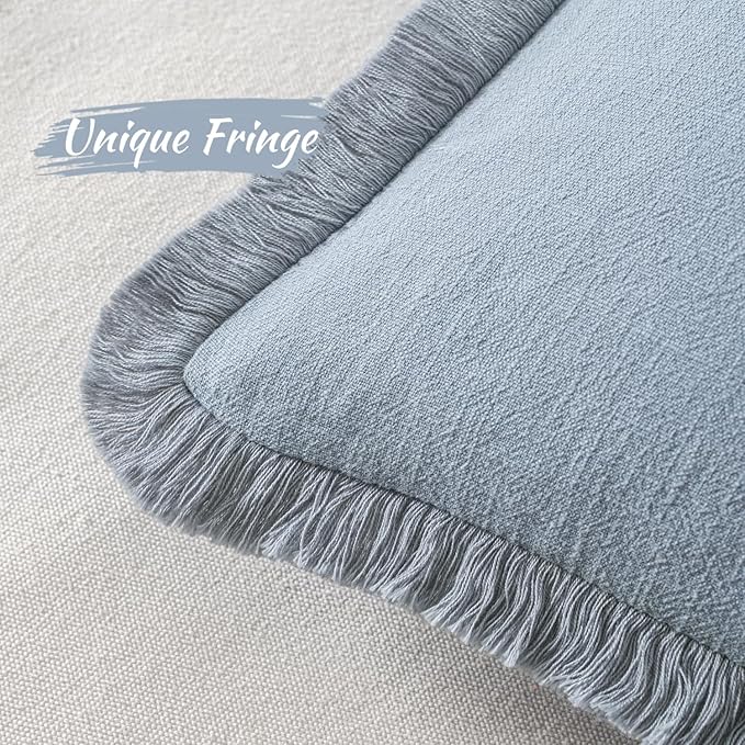MIULEE Decorative Throw Pillow Covers Neutral Linen Fringe Throw Pillows Set of 2 Light Blue Boho Farmhouse Cushion Covers with Tassels for Couch Sofa Bed Living Room Spring Home Decor 18x18 Inch