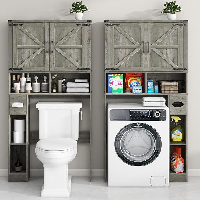 Over The Toilet Storage Cabinet, Farmhouse Storage Cabinet Over Toilet with Barn Doors & Toilet Paper Holder Stand，Home Space-Saving Toilet Rack, for Laundry, Bathroom, Restroom.Grey Oak
