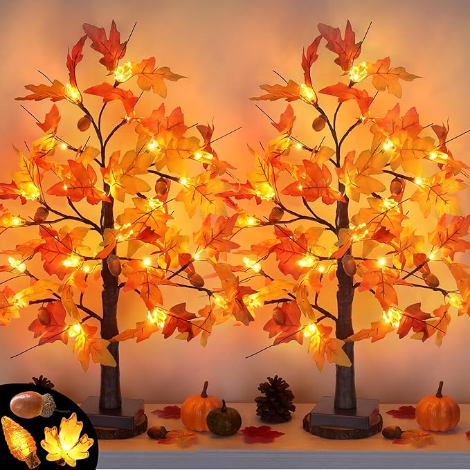 2 Pack 24 Inch Fall Maple Tree with Lights Battery Operated Lighted Tabletop Artificial Tree with Pumpkin Acorn Maple Fall Centerpieces Indoor Fall Decorations for Home Office Thanksgiving Table Decor