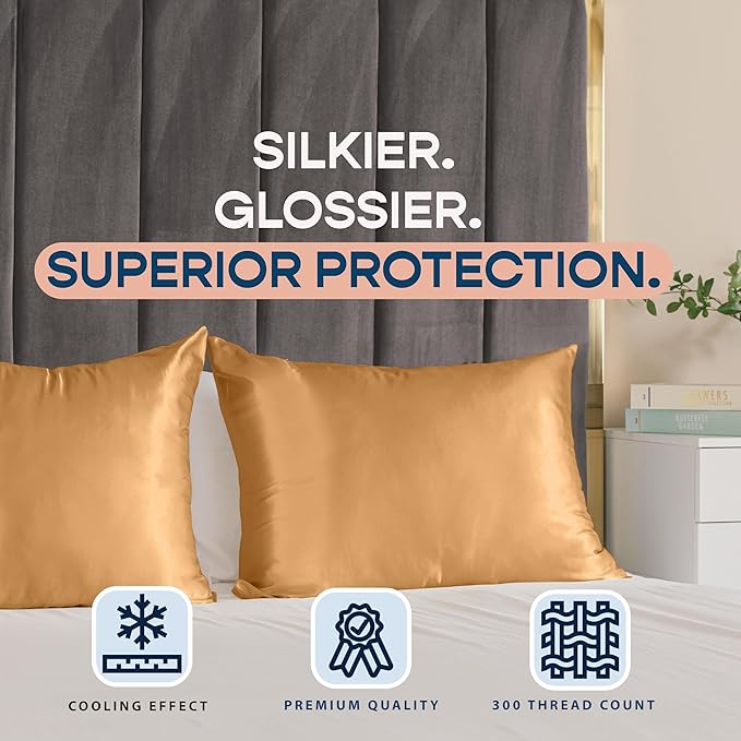 Satin Pillowcase with Zipper, for Hair and Skin Care, Feels Soft and Cool Like a Silk Pillowcase, Gold Satin Pillow Cases 2 Pack, Slik Pillow Cover, Standard Size - Set of 2