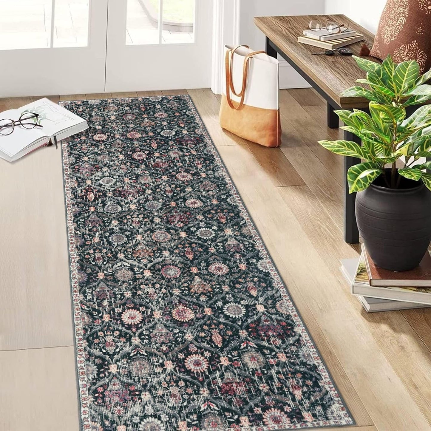 Lahome Moroccan Hallway Rug, 2'5''x8' Kitchen Runner Rugs Non Skid Washable Runners for Hallways, Ultra-Thin Oriental Carpet for Entryway Laundry Room Bedroom Bathroom, Black/Multi