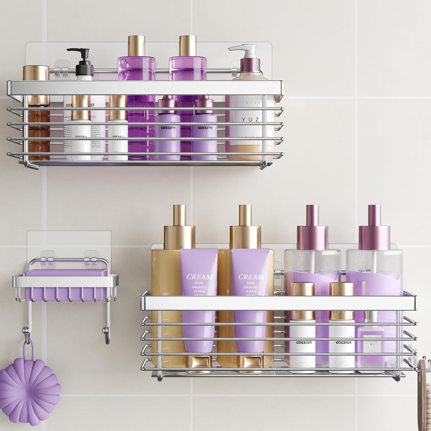 ODesign Shower Caddy 3 Pack SUS304 Stainless Steel-No Drilling-Shower Bathroom Shelves Rack,Rustproof Wall Mounted,Adhesive Shower Shelf Basket Organizer-Silver