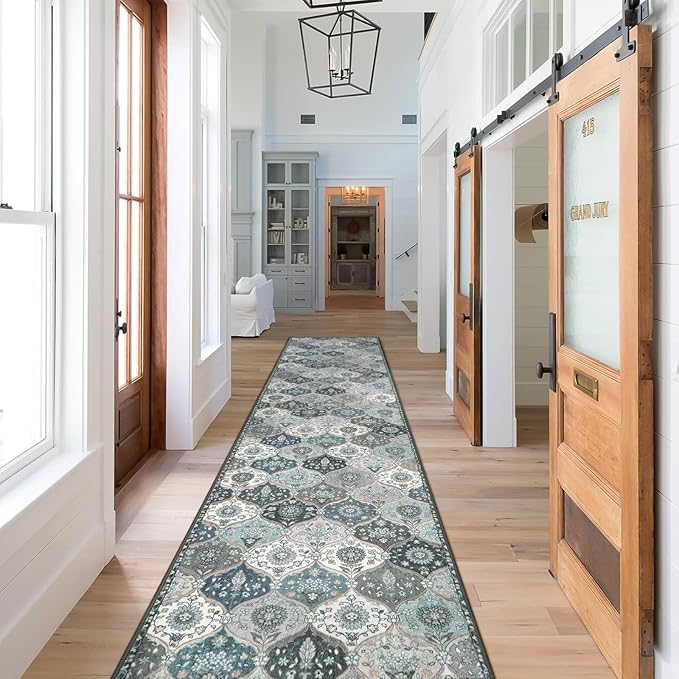 Lahome Moroccan Hallway Runner Rug Non Slip, 2x10 Washable Runner Rugs for Hallway 2x10 Vintage Ultra-Thin Throw Long Carpet for Kitchen Entryway Bedroom Laundry Room, Blue