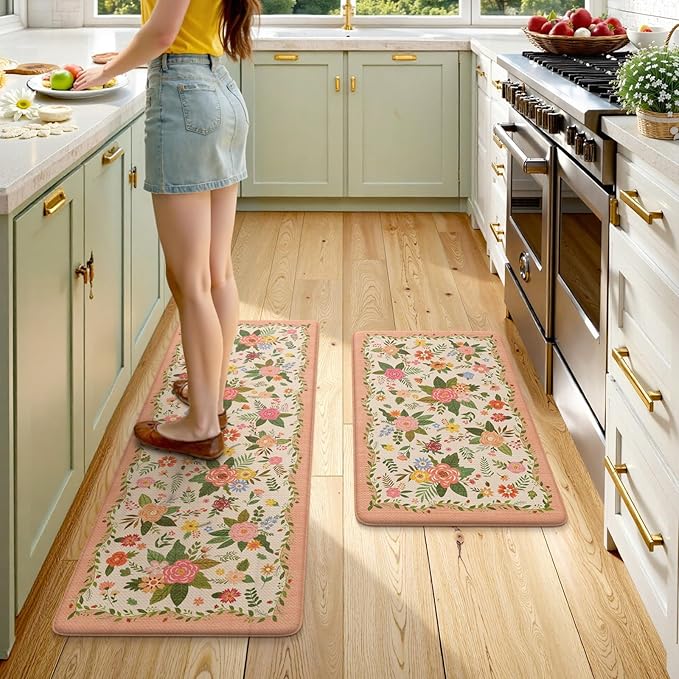 KIMODE Anti Fatigue Kitchen Mats, Padded Kitchen Floor Mats 17"x47"+17"x29", Farmhouse Kitchen Rugs Sets of 2, Pink Rugs for Kitchen Floor, Cushioned Standing Mat for Laundry Office Sink Desk