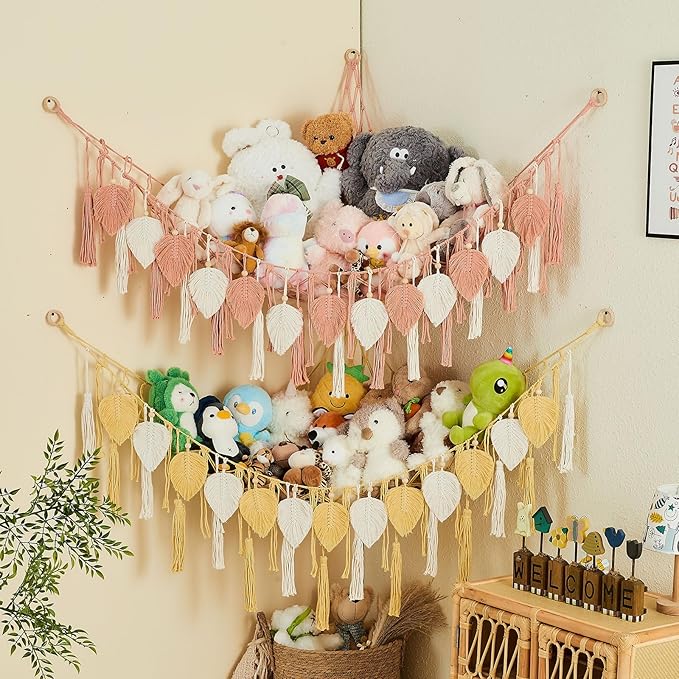Pretty Jolly Stuffed Animal Storage with Hand Woven Leaf Tassels Hammock Corner Hanging Net Boho Macrame Storage for Kid Room Nursery Decor Corner Wall Display Organizer for Girls Gift(Leather Pink)