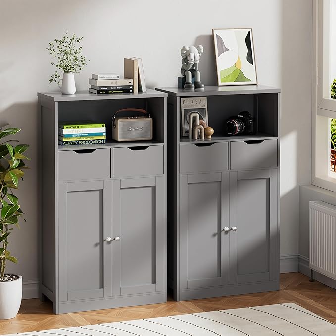 Vongrasig Bathroom Storage Cabinet, Farmhouse Freestanding Pantry Cabinet with 2 Drawers and Shelves, Wooden Storage Organizer for Bathroom, Living Room, Grey