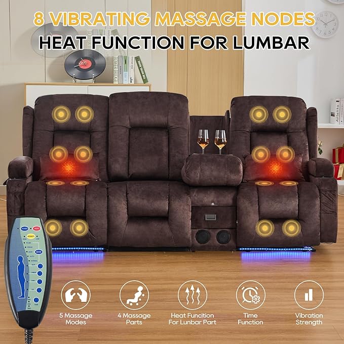 IPKIG 89" Power Reclining Loveseat Sofa, Electric Home Theater Seating with Console/4 Colors Ambient Lighting/Bluetooth Speakers/USB Ports/Built-in Outlets (Brown, 3-Seater with Console)