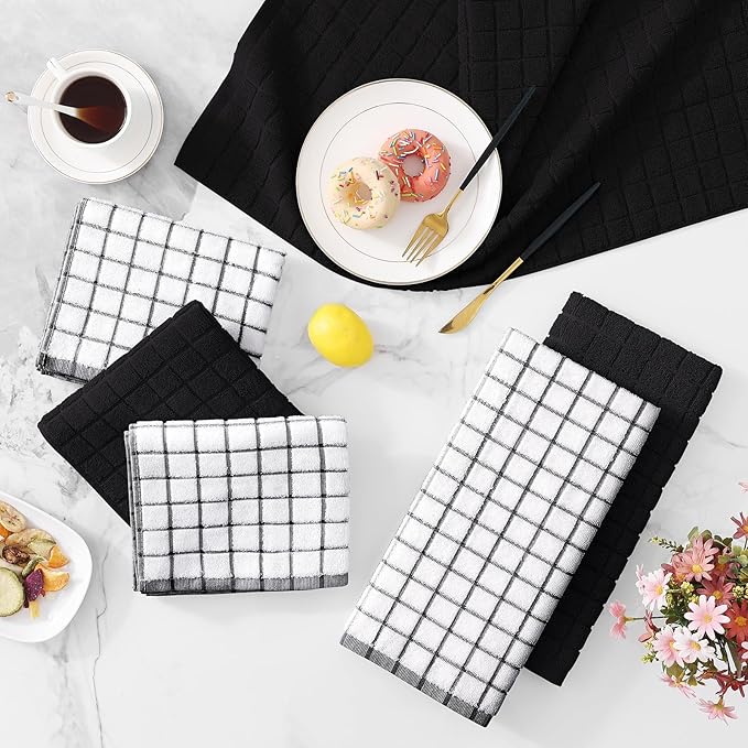 Homaxy Premium Cotton Kitchen Towels 16"x 28", Large Natural Ring Spun 390 GSM Dish Towels, Super Absorbent Terry Kitchen Hand Towels, Soft Tea Towel with Hanging Loop, Black Check Design, 6 Pack
