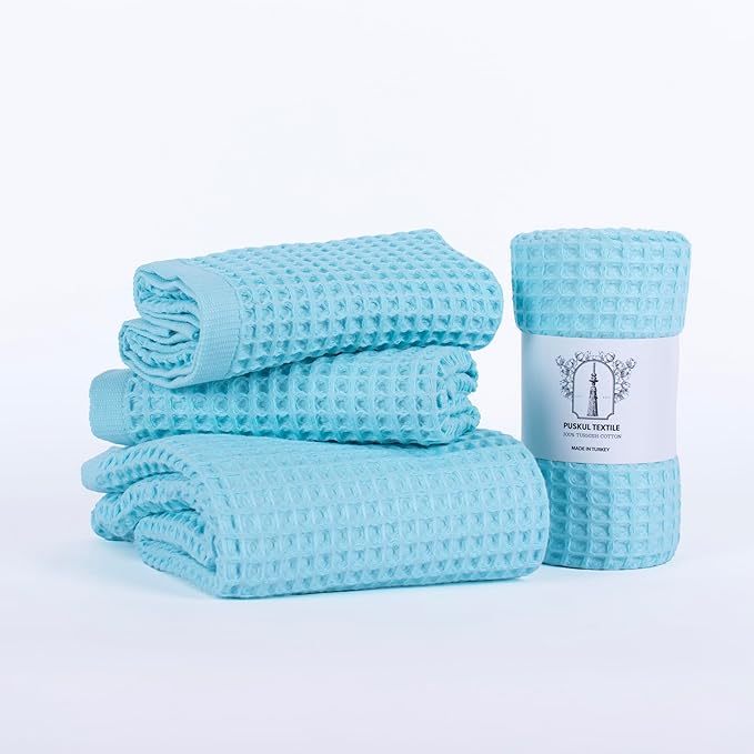 Püskül - Luxury Waffle Towel Set for Bathroom 4 Pieces Turquoise Blue, Premium Quality Organic 100% Turkish Cotton 2 Hand and 2 Bath Towels, Quick Dry Thin Waffle Towels, Made in Turkiye (Turquoise)