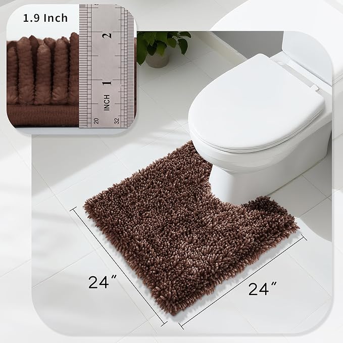 Yimobra Toilet Rugs U Shaped Washable, Extra Thick Soft Absorbent Chenille Contour Bathroom Rugs for Toilet 24x24 Inch, Quick Dry Non Slip Toilet Mat for Bath Floor, Brown