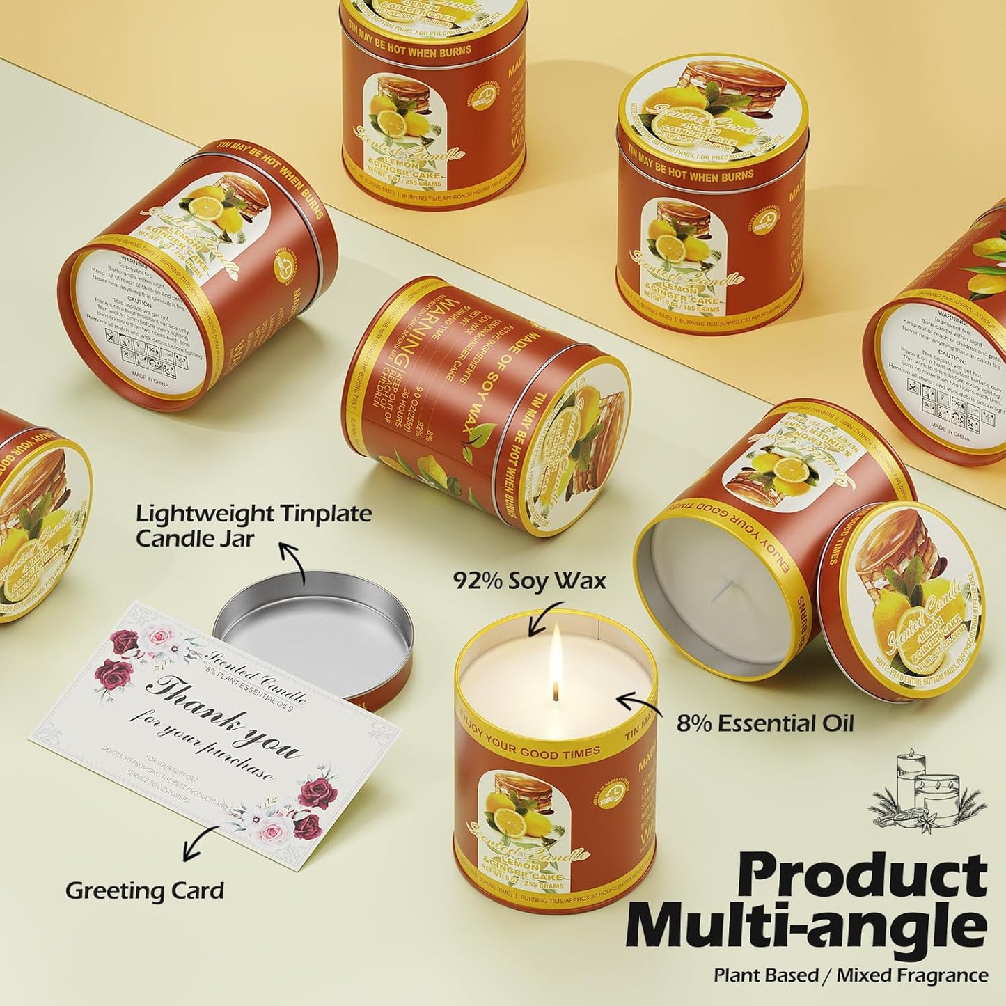 Lemon Ginger Cake Scented Candles Set | 2Pack 18OZ 8% Essential Oils 80H Burn Time | Clean Burning Smokeless for Aromatherapy Tin Jar Soy Wax Candle, Meditation, Yoga, Spa Gift Set for Men&Women