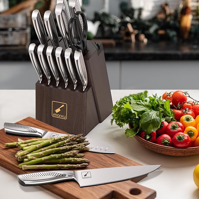 imarku Knife Set, 15-Pieces HC Stainless Steel Kitchen Knife Set With Built in Knife Sharpener, Razor-Sharp Blade Knife Block Set With Non-Slip Handle, Dishwasher Safe, Best Birthday Gifts