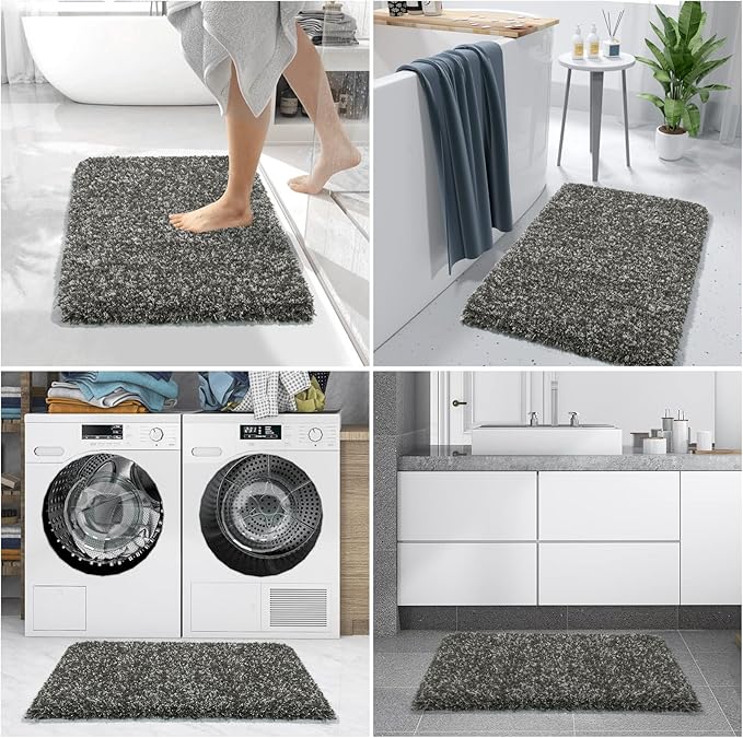 Yimobra Luxury Bathroom Rugs, Fluffy Bath Mats, Non Slip, Water Absorbent Microfiber, Machine Washable, Plush Runner Shower Rug, Thick Mat for Bathroom Floor/Tub, 60"x 24", Light Gray and Black Gray