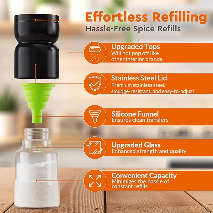 HOME EC Original Salt and Pepper Shakers Set with Adjustable Pour Holes - Black Salt Shaker and Pepper Shaker - Farmhouse Spice dispenser for salts, Ground peppercorn and spices