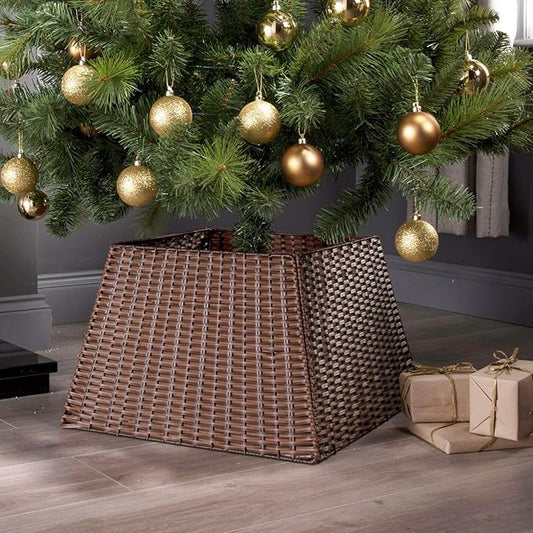 SUNNYPARK Christmas Tree Collar, Handmade Artificial Rattan Wicker Christmas Stand Tree Collar Basket Base Cover for Holiday Decoration-Square Brown