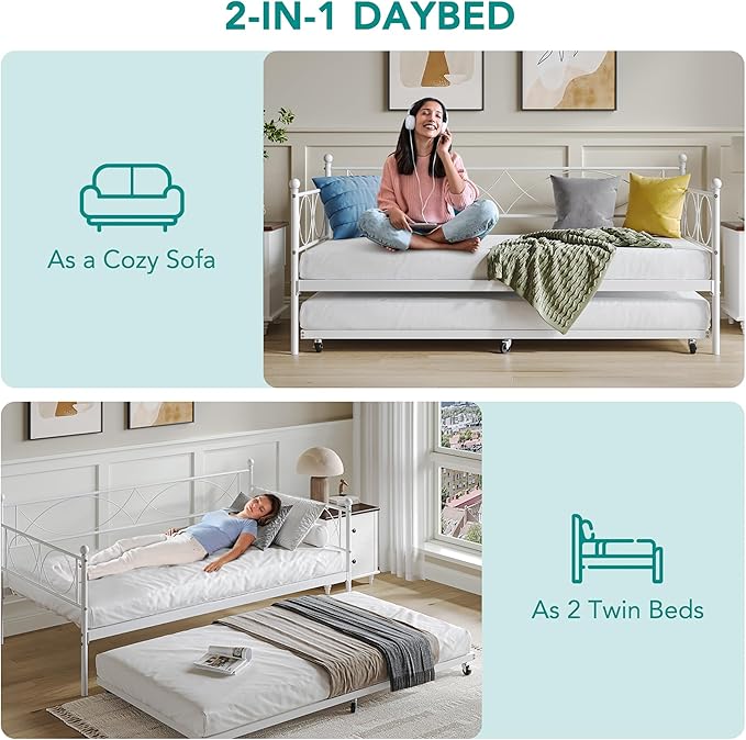 IDEALHOUSE Twin daybed with Trundle, Metal Twin Daybed and Trundle Set, Day Bed Sofa Bed Frame with Steel Slat Support, Multifunctional Daybed Frame for Bedroom (Modern - White)