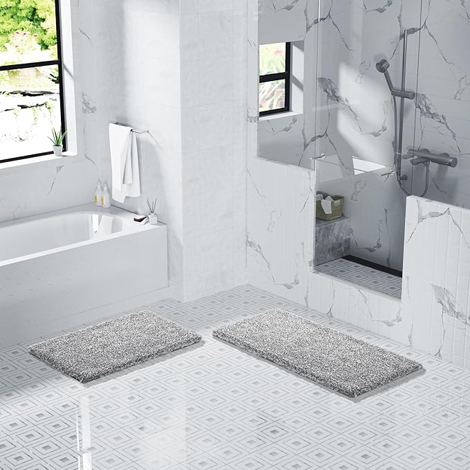 Yimobra Luxury Bathroom Rugs, Fluffy Bath Mats, Non Slip, Water Absorbent Microfiber, Machine Washable, Plush Carpet Shower Rugs, Thick Matts for Bathroom Floor&Tub, 44"x 24", Light Gray and White