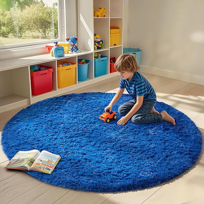 Ophanie Round Rug 8Ft Blue Circle Area Rug, Boys Room Decor, Fluffy Fuzzy Bedroom Carpet, Plush Soft Shaggy Living Room Rugs for Kids Home Decor Aesthetic, Nursery