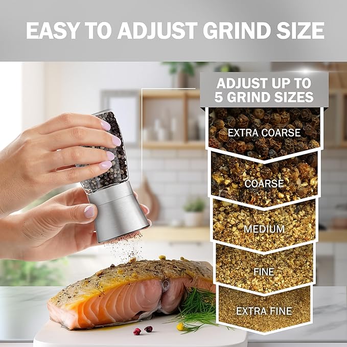 HOME EC Original Stainless Steel Salt or Pepper Grinder 1pk - Adjustable Ceramic Sea Salt Grinder or Pepper Mill - Tall Glass Spice Shaker - Spice Mill w/EBook
