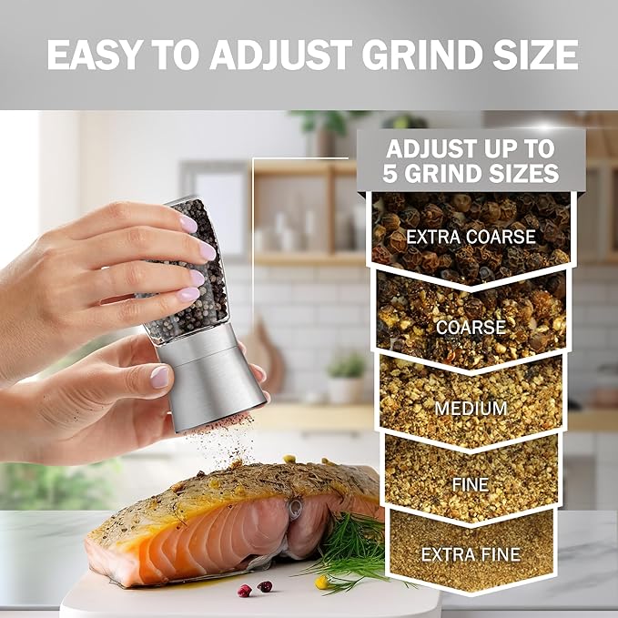 Home EC Original Stainless Steel Sea Salt and Pepper Grinder Set of 4 - Adjustable Ceramic - Glass Salt and Pepper Shakers Mills - Modern Kitchen Spice Mill W/Funnel & EBook