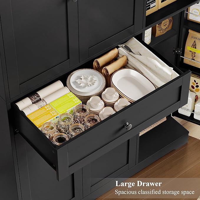 HOSTACK 68" Tall Kitchen Pantry Storage Cabinet, Modern Kitchen Hutch Cabinet with Doors and Shelves, Freestanding Food Pantry with Large Storage Drawer for Dining Room, Living Room, Black