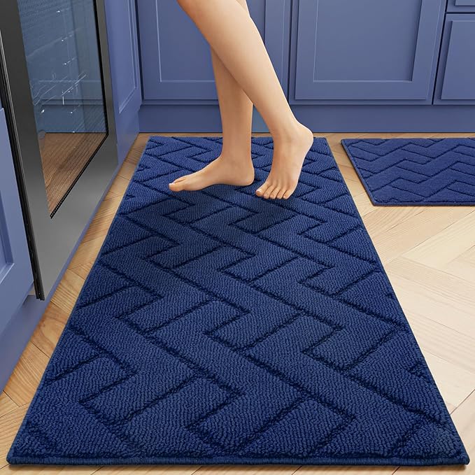 hicorfe Kitchen Runner Rug and Mats Sets,2 Pieces Super Absorbent Polypropylene Non-Slip Rug,Soft Comfort Floor Mat,Washable for Kitchen,Hallway,Office,Sink,Laundry(20" x 31.5"+20" x 59",Navy Blue)
