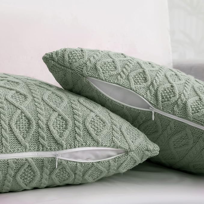 Homiest Cable Knit Throw Blanket and Pillow Set, Sage Green Set of 3, Knitted Throw (50"x60") & 2 Pillow Covers (18"x18"), Soft & Cozy Decorative for Couch Bed Sofa