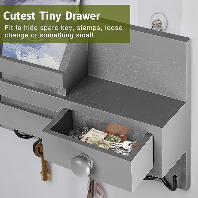 Key Holder Wall Mount, Wooden Adhesive Mail and Key Organizer with Drawer, Small Shelf, 8 Hooks, 2 Installation Methods, Gray