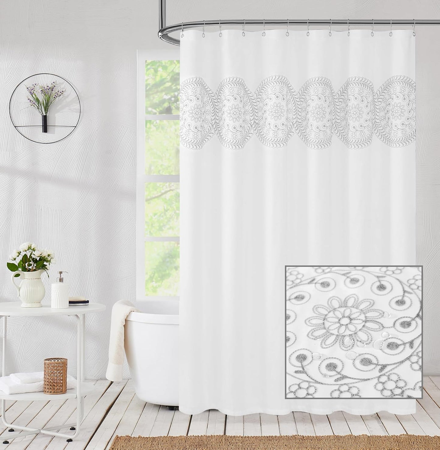 Jubilantex Grey and White Embroidered Shower Curtain Fabric for Bathroom, Farmhouse Boho Floral Rustic Chic Decorative Waterproof Bath Room Shower Curtain for Spa Hotel, 70x72 Inches, Gray