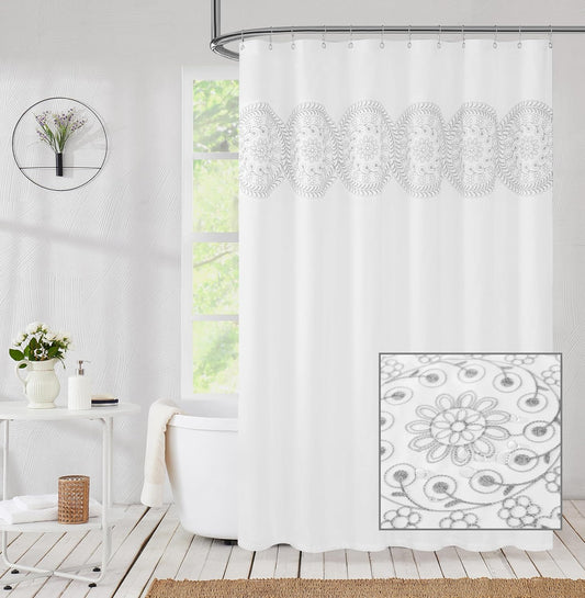 Jubilantex Grey and White Embroidered Shower Curtain Fabric for Bathroom, Farmhouse Boho Floral Rustic Chic Decorative Waterproof Bath Room Shower Curtain for Spa Hotel, 70x72 Inches, Gray