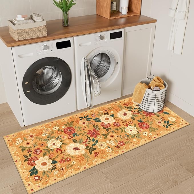 DUKINO 2x5 Runner Rug for Hallway, Washable Kitchen Floral Runner Rug with Non Slip Backing, Low Pile Soft Boho Carpet for Kitchen, Hallway, Entryway, Laundry, Bedroom, Orange