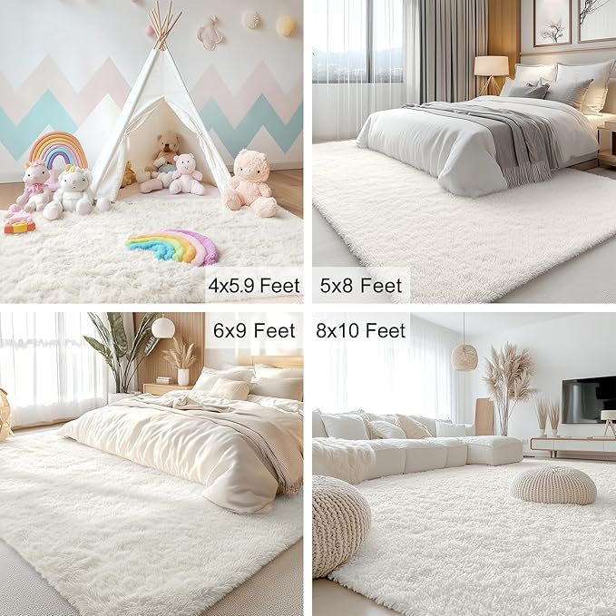 OLANLY Area Rugs for Living Room Bedroom, Machine Washable 4x5.9 ft Soft Fluffy Shaggy Bedside Rug, Indoor Floor Carpet for Kids Girls and Boys, Dorms, Nursery Rooms, Home Decor Aesthetic, Ivory