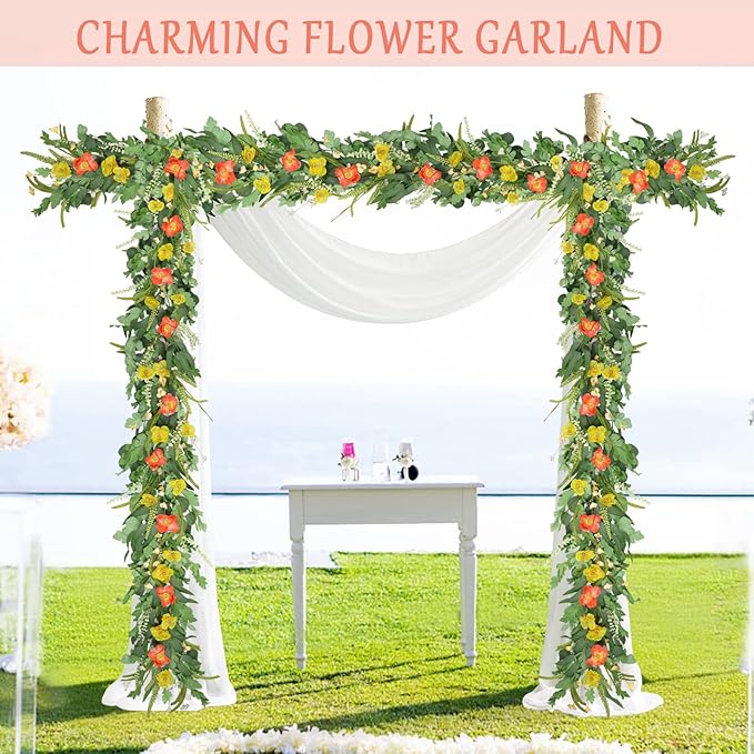 6FT Summer Garland for Decoration, Summer Green Eucalyptus Flower Garlands for Mantle Table Wedding Decor, Fake Vines Greenery Easter Garland Room Garden Backdrop Floral Arch Wall Farmhouse Home Decor