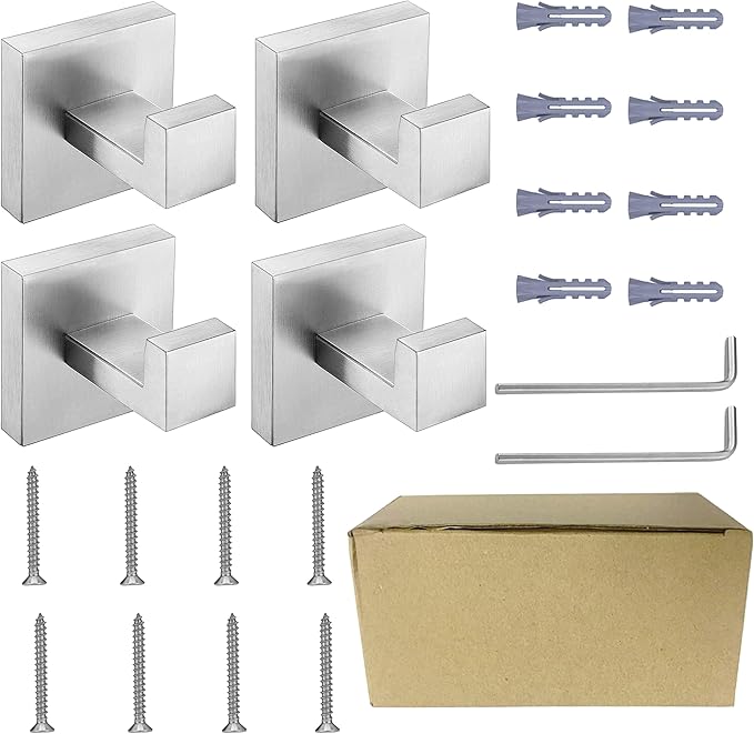 Nolimas Bathroom Towel Hook SUS304 Stainless Steel Square Clothes Coat Robe Hooks Cabinet Closet Door Sponges Hanger for Bath Kitchen Garage,Heavy Duty Wall Mounted,Brushed Nickel Finish,4pack