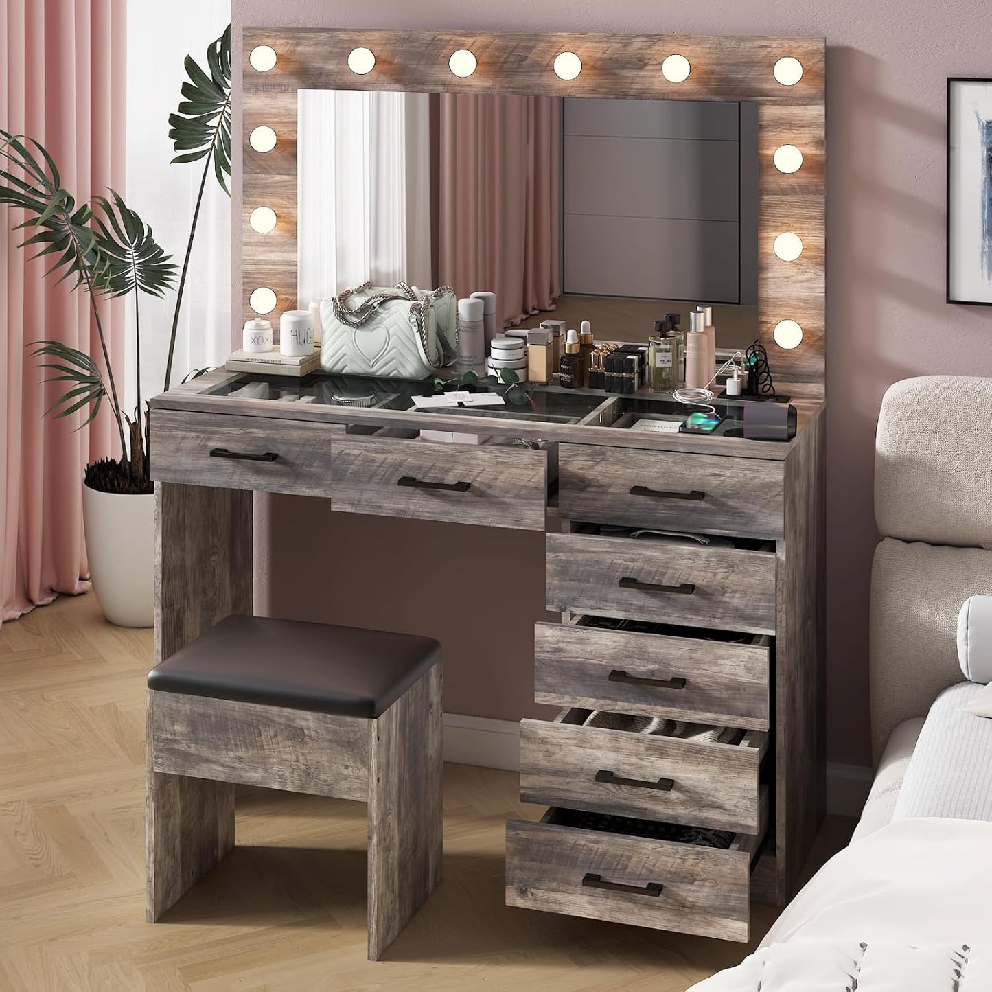 Karl home Vanity Desk with Large Lighted Mirror & Powre Outlet, Glass Tabletop Makeup Vanity Set with 7 Drawers, 45.3" Vanity Table with 3 Color Lighting Modes, Dressing Table for Women Girls, Gray